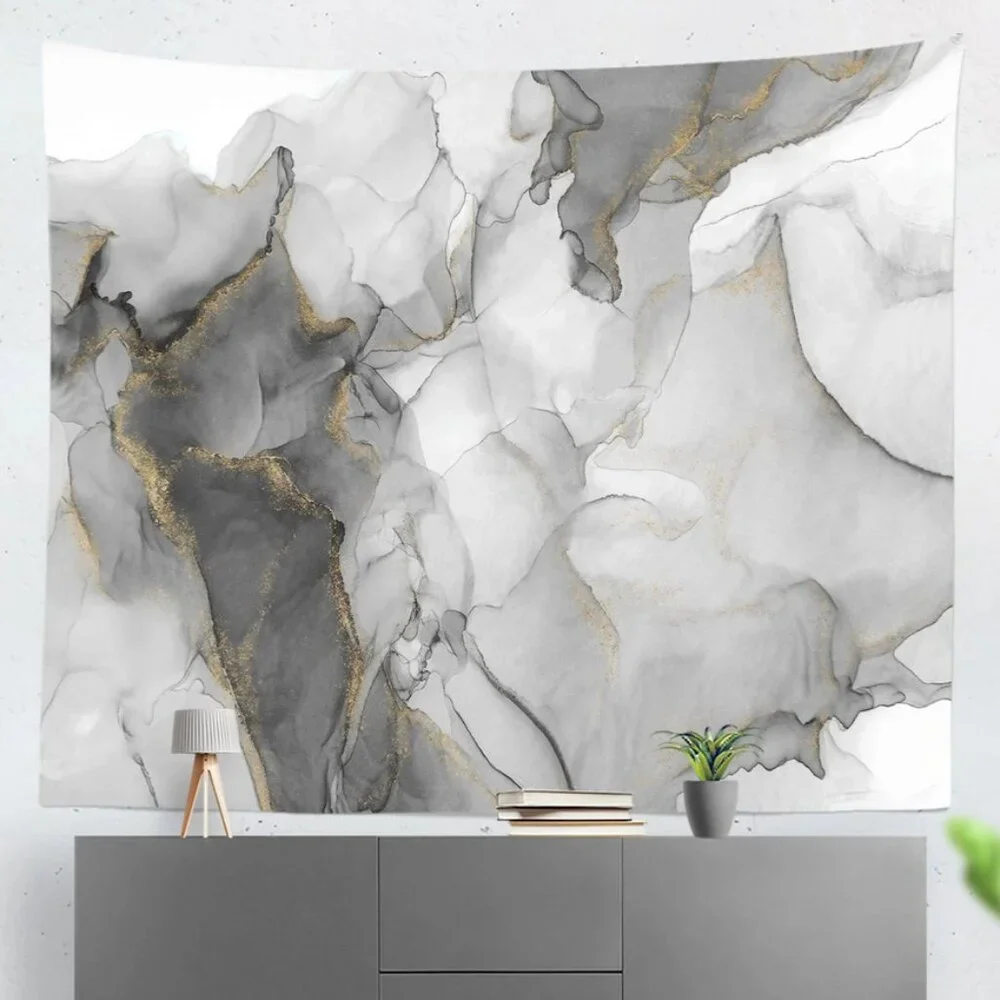 LARGE Marble Pattern Fabric Wall Hanging Tapestry Gray & Gold 70.8 X 90.5 inches